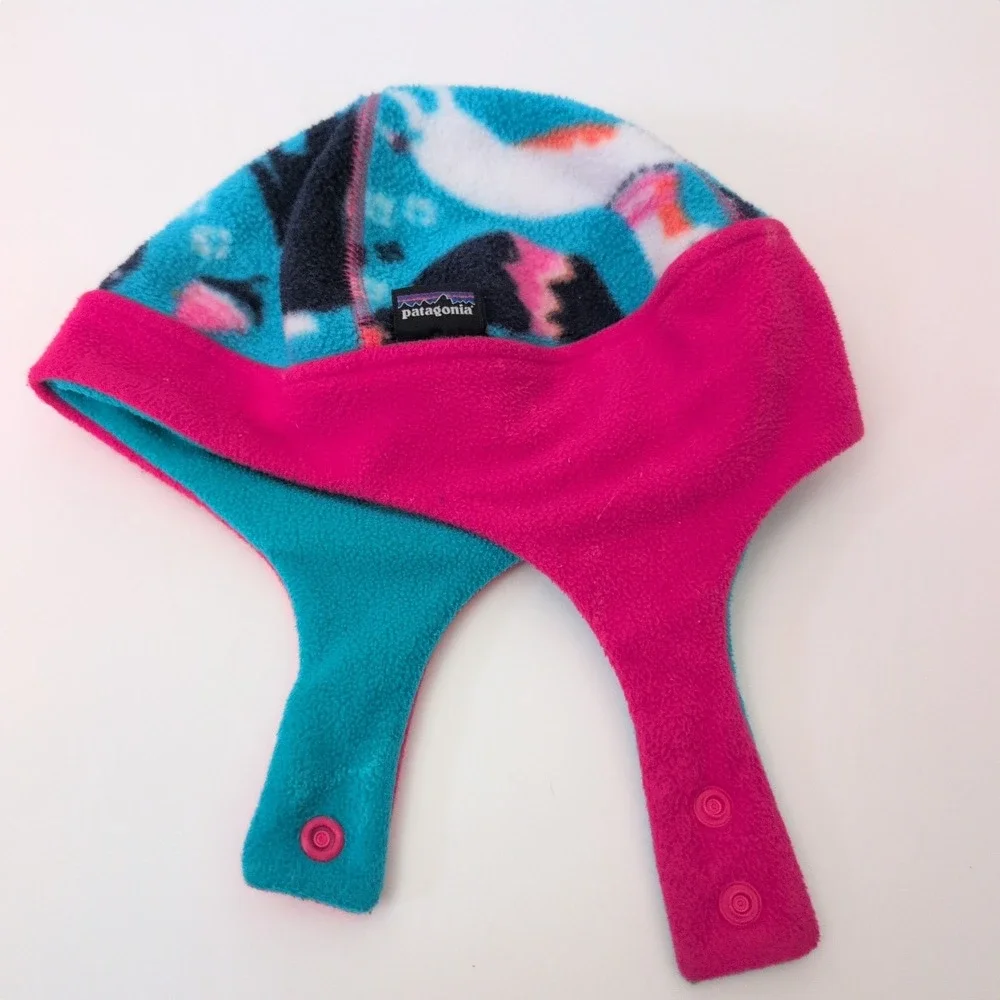 Patagonia‎ Baby Synchilla Fleece Earflap Hat Penguin Print Pink Blue Toddler
